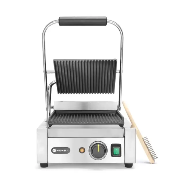 HENDI Enkel contactgrill – geribd boven en onder – 230V/1800W – 310x426x510 mm