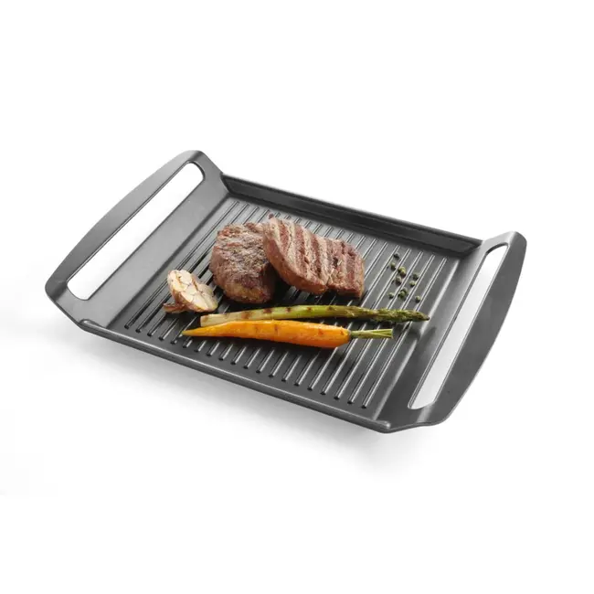 HENDI Grillplaat gietaluminium – inductie en oven – 390x260 mm – geribbeld – anti-aanbak