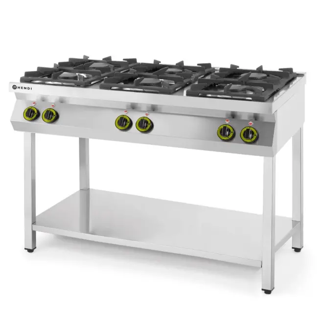 HENDI Gasfornuis – 6-pits – open standaard – 28,5 kW – roestvast staal – 1200x700x900 mm