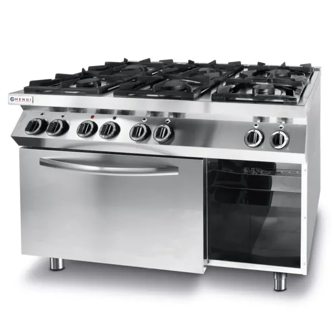 HENDI 6-pits gasfornuis met convectieoven – roestvrij staal – 28,5 kW – 1200x722x900 mm