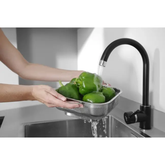 HENDI Vierkant vergiet – roestvrij staal – met voet en handgrepen – 290x218x80 mm