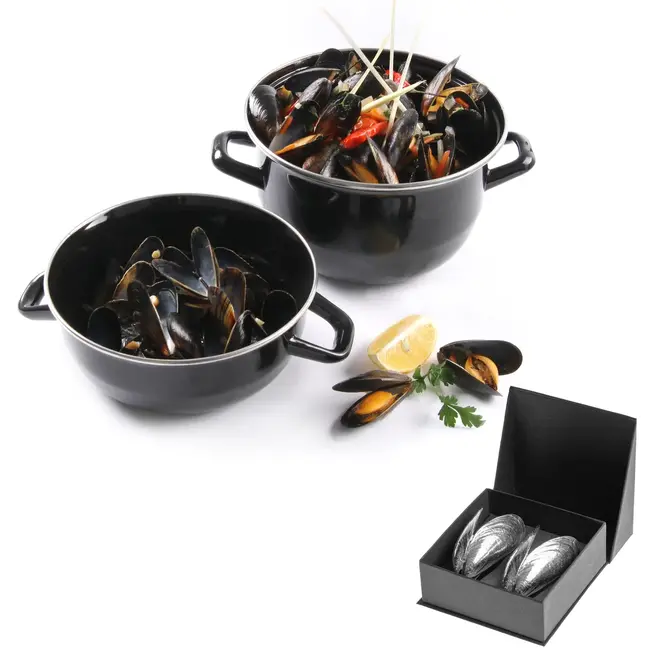 Anovi Zeeuws mosselbestek set – luxe veermechanisme – 2 stuks – met geëmailleerde mosselpan 2,5 liter