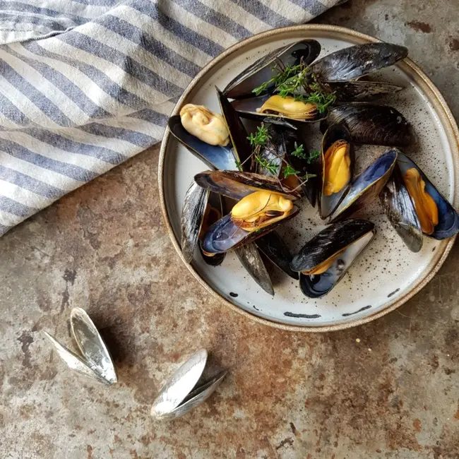 Anovi Zeeuws mosselbestek set – luxe veermechanisme – 2 stuks – met geëmailleerde mosselpan 2,5 liter