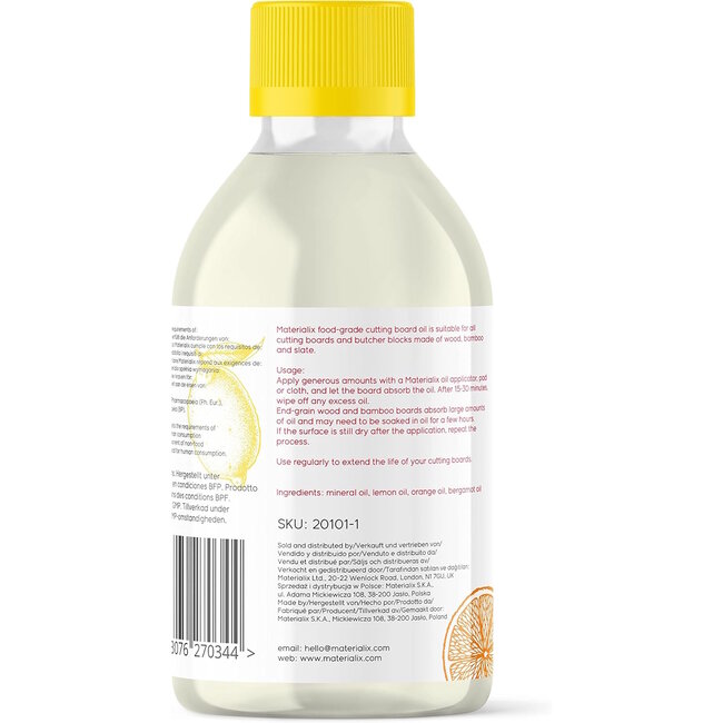 Materialix Antibacteriële Snijplank Olie – Voedselveilige Minerale Olie voor Houten en Bamboe Snijplanken met Citrusgeur – 250ml