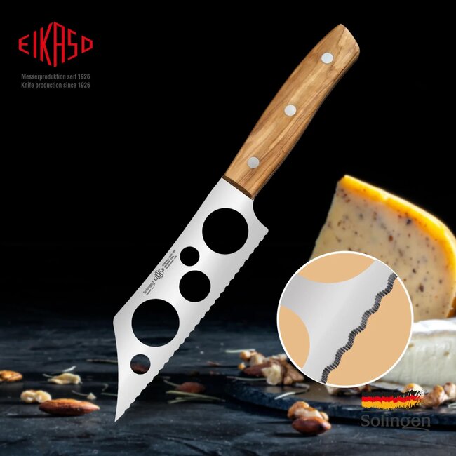 Eikaso Solingen Kaasmes 15 cm – RVS met cirkelvormige uitsparingen – Olijfhouten handvat – Voor zachte en harde kazen