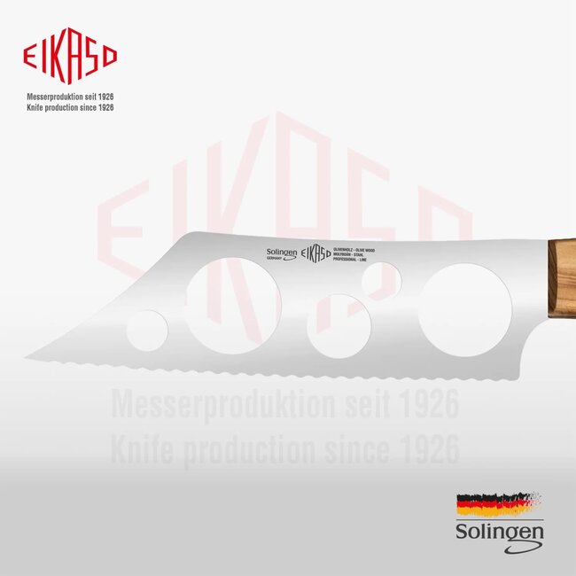 Eikaso Solingen Kaasmes 15 cm – RVS met cirkelvormige uitsparingen – Olijfhouten handvat – Voor zachte en harde kazen