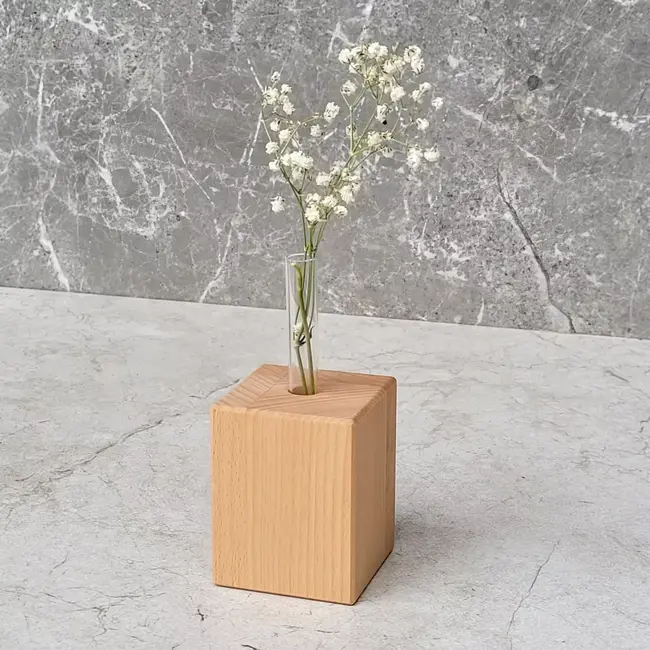 HOCHO Beukenhouten Vaas 55x55x70 mm – Met Glazen Buisje voor Bloemen