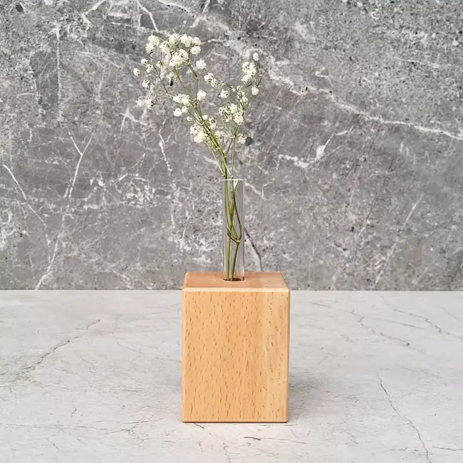 HOCHO Beukenhouten Vaas 55x55x70 mm – Met Glazen Buisje voor Bloemen