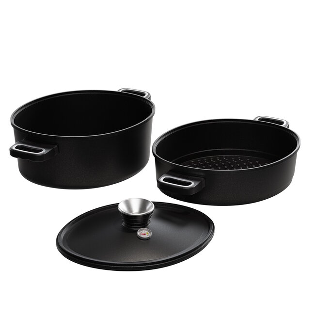AMT Gastroguss Ovale waterloze kookset 33 x 26 cm met deksel en stoominzet met zijhandgrepen LOTAN® antiaanbaklaag geschikt voor alle warmtebronnen incl. inductie