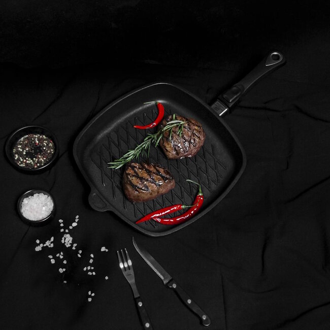 AMT Gastroguss Vierkante grillpan met BBQ-patroon – 28x28 cm – Geschikt voor inductie – Lotan® anti-aanbaklaag