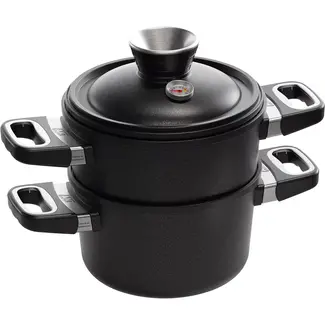 AMT Gastroguss Waterloze kookset Ø 20 cm met deksel en stoominzet met zijhandgrepen LOTAN® antiaanbaklaag geschikt voor alle warmtebronnen incl. inductie