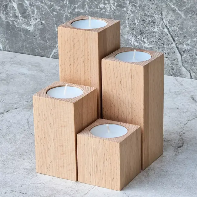 HOCHO Beukenhouten Waxinelichthouders – Set van 4 – Sfeervol