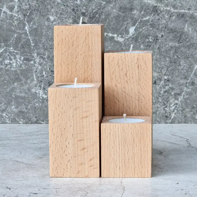 HOCHO Beukenhouten Waxinelichthouders – Set van 4 – Sfeervol