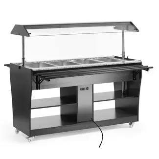 HENDI Warm buffetdisplay – 4 GN containers – Zwenkwielen – Verlichting – Zwart & RVS