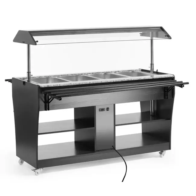 HENDI Warm buffetdisplay – 4 GN containers – Zwenkwielen – Verlichting – Zwart & RVS