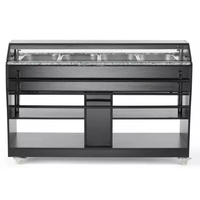 HENDI Warm buffetdisplay – 4 GN containers – Zwenkwielen – Verlichting – Zwart & RVS