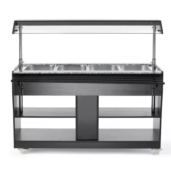 HENDI Warm buffetdisplay – 4 GN containers – Zwenkwielen – Verlichting – Zwart & RVS