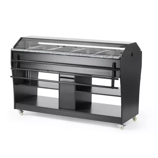 HENDI Warm buffetdisplay – 4 GN containers – Zwenkwielen – Verlichting – Zwart & RVS