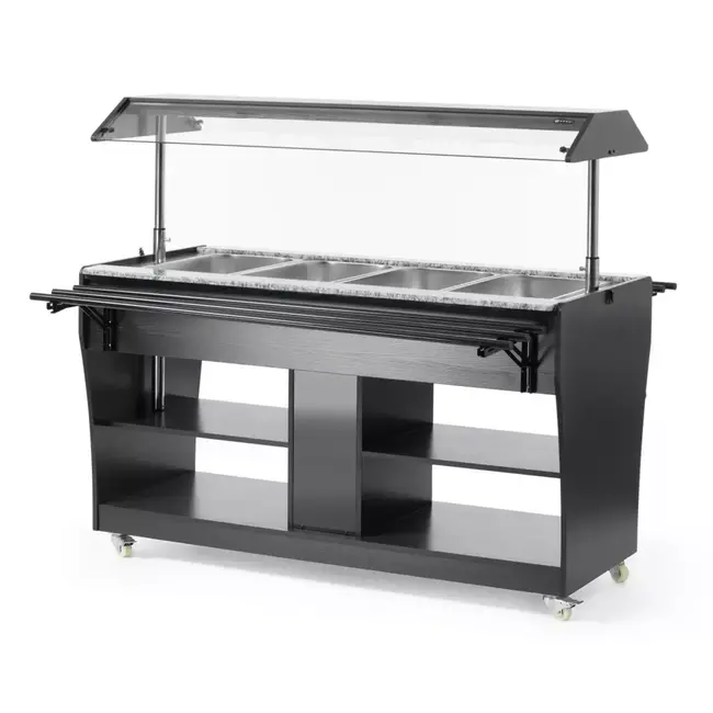 HENDI Warm buffetdisplay – 4 GN containers – Zwenkwielen – Verlichting – Zwart & RVS