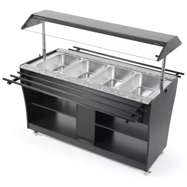 HENDI Warm buffetdisplay – 4 GN containers – Zwenkwielen – Verlichting – Zwart & RVS