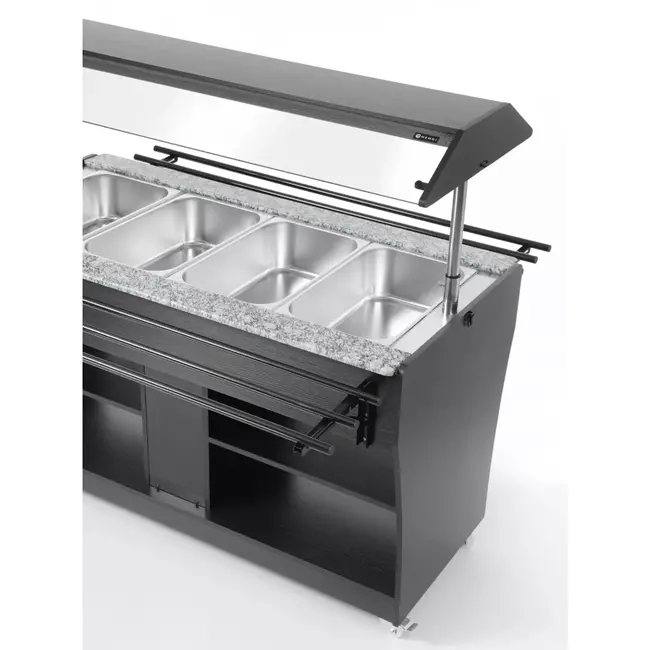 HENDI Warm buffetdisplay – 4 GN containers – Zwenkwielen – Verlichting – Zwart & RVS