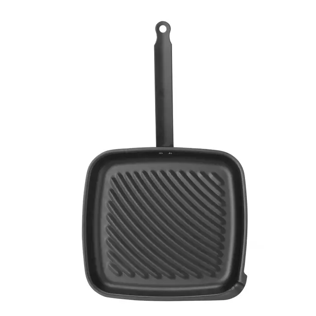 HENDI Vierkante grillpan – carbon staal – 480x282x80 mm – ergonomische handgreep – geïntegreerde tuit