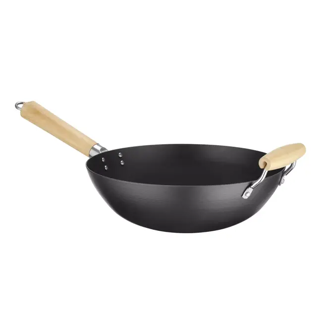 HENDI Wok van carbonstaal – Houten handgreep – Ø 32 cm – 56,5 cm lang – Inductiegeschikt
