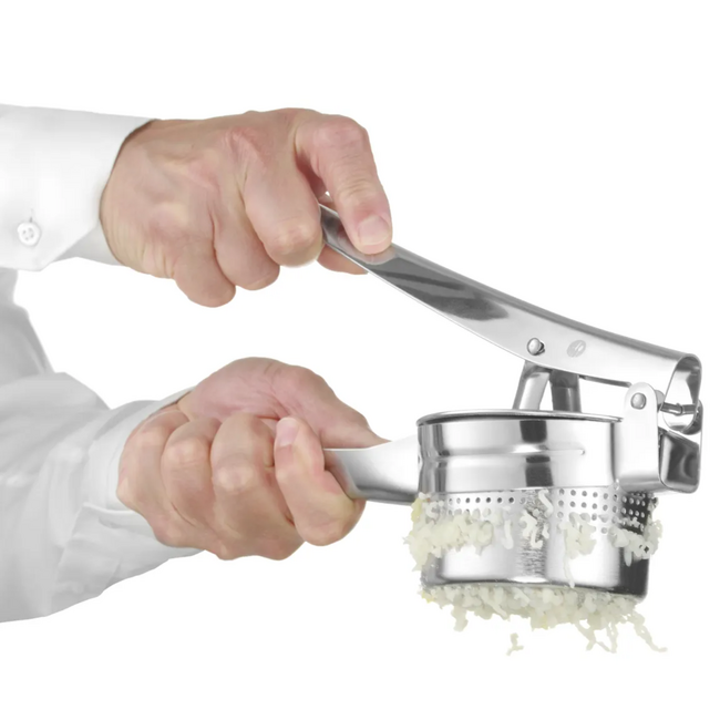 HENDI Aardappelpers – Roestvast staal – Verwijderbare zeef – Vaatwasmachinebestendig – 270x100x95 mm