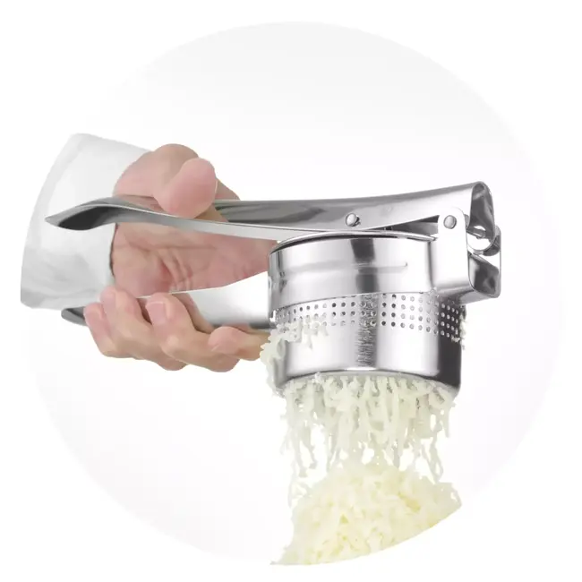 HENDI Aardappelpers – Roestvast staal – Verwijderbare zeef – Vaatwasmachinebestendig – 270x100x95 mm