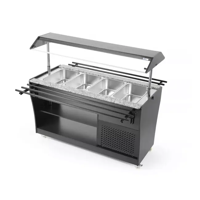 Arktic Saladebuffet display – Roestvrij staal & multiplex – 4 GN 1/1 containers – Verlichting & zwenkwielen – 1490x765x1370 mm