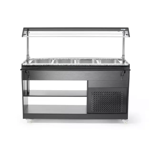 Arktic Saladebuffet display – Roestvrij staal & multiplex – 4 GN 1/1 containers – Verlichting & zwenkwielen – 1490x765x1370 mm