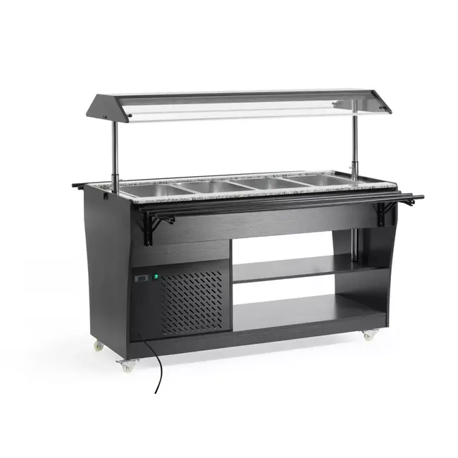 Arktic Saladebuffet display – Roestvrij staal & multiplex – 4 GN 1/1 containers – Verlichting & zwenkwielen – 1490x765x1370 mm