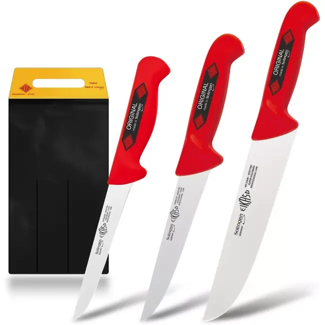 Eikaso Solingen Slagersmessenset Rood – 3-Delig – Molybdeenstaal IJsgehard – Antislip Handgreep – Incl. Messentas