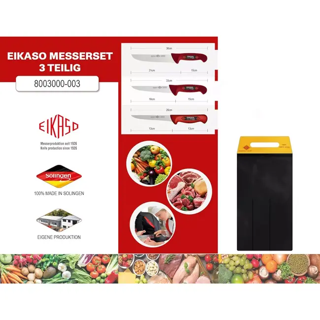 Eikaso Solingen Slagersmessenset Rood – 3-Delig – Molybdeenstaal IJsgehard – Antislip Handgreep – Incl. Messentas