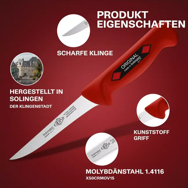 Eikaso Solingen Slagersmessenset Rood – 3-Delig – Molybdeenstaal IJsgehard – Antislip Handgreep – Incl. Messentas
