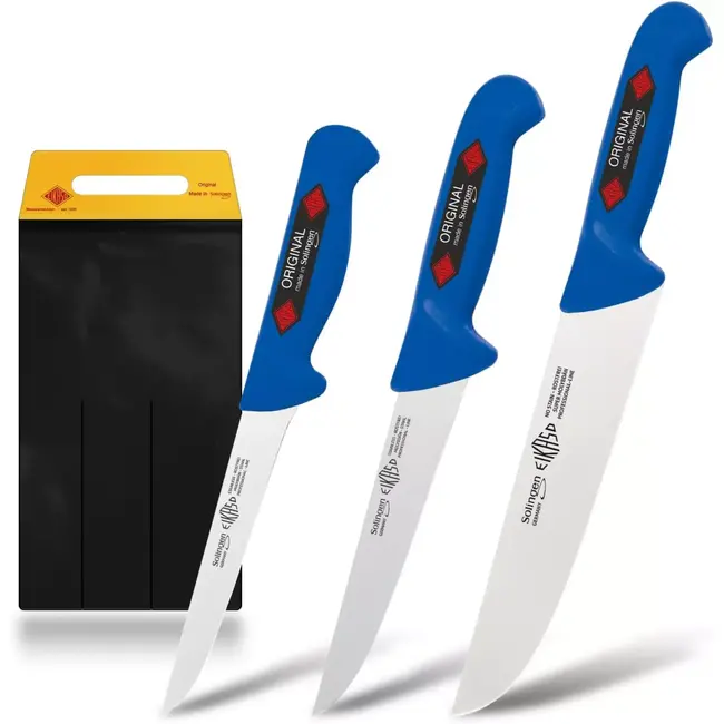 Eikaso Solingen Slagersmessenset Blauw – 3-Delig – IJsgehard Molybdeenstaal – Ergonomisch – Incl. Messentas