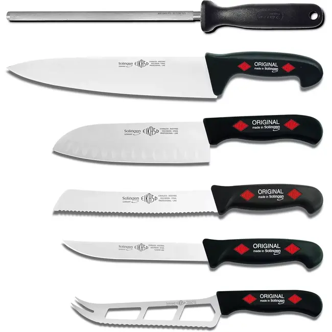 Eikaso Solingen Keukenmessenset 6-Delig – Koksmessen, Santoku & Broodmes – Incl. Aanzetstaal – Gemaakt in Solingen