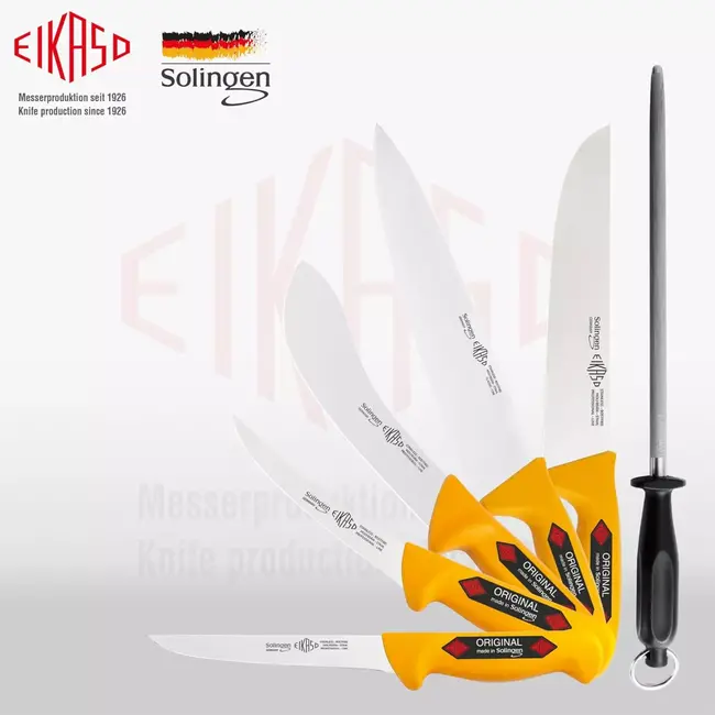 Eikaso Solingen Slagersmessenset 6-Delig – Incl. Fileermes, Chefmessen, Uitbeenmessen & Aanzetstaal – Solingenav