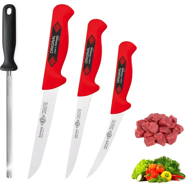 Eikaso Solingen Slagersmessenset 4-Delig – Breed & Gebogen Uitbeenmes – Incl. Wetstaal – Rood – Solingen Duitsland