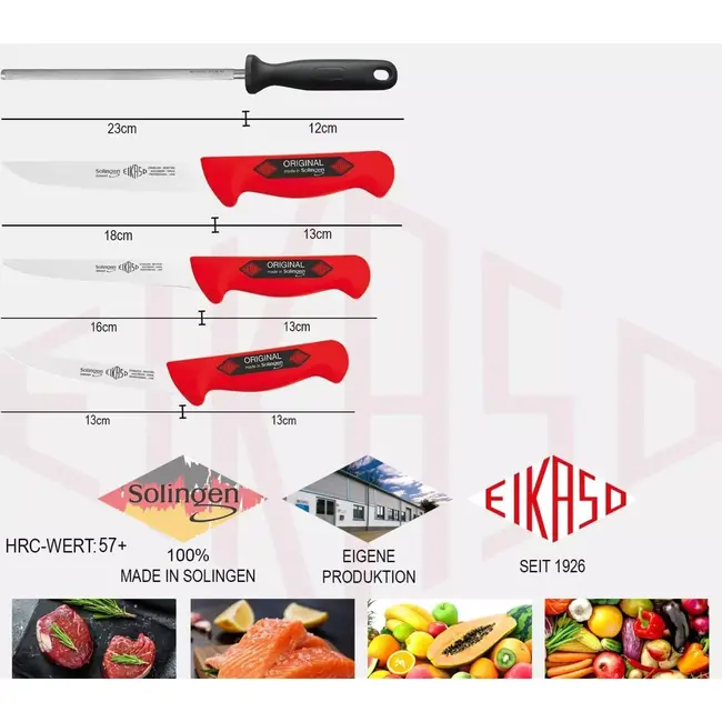 Eikaso Solingen Slagersmessenset 4-Delig – Breed & Gebogen Uitbeenmes – Incl. Wetstaal – Rood – Solingen Duitsland