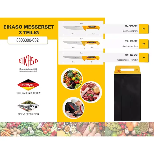 Eikaso Solingen Messenset – 3-delig – Molybdeenstaal – IJshard – Geel Antislip Handvat – Solingen Duitsland