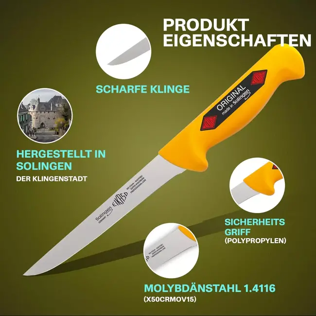 Eikaso Solingen Messenset – 3-delig – Molybdeenstaal – IJshard – Geel Antislip Handvat – Solingen Duitsland