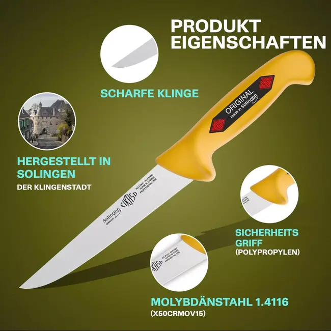 Eikaso Solingen Messenset – 3-delig – Molybdeenstaal – IJshard – Geel Antislip Handvat – Solingen Duitsland