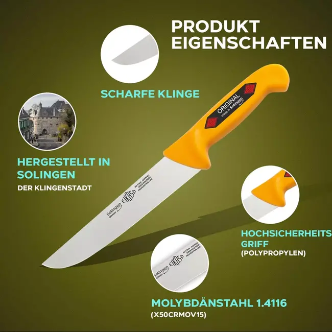 Eikaso Solingen Messenset – 3-delig – Molybdeenstaal – IJshard – Geel Antislip Handvat – Solingen Duitsland