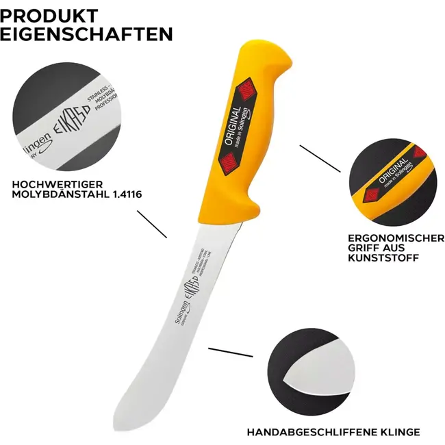 Eikaso Solingen Slagersmessenset – 3-delig – Molybdeenstaal – Uitbeenmes & Slagersmes – Geel Handvat – Solingen Duitsland