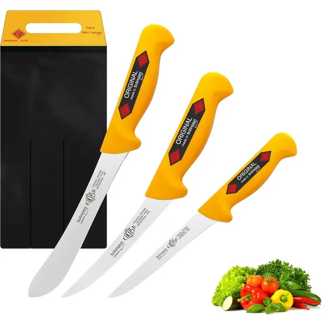 Eikaso Solingen Slagersmessenset – 3-delig – Molybdeenstaal – Uitbeenmes & Slagersmes – Geel Handvat – Solingen Duitsland