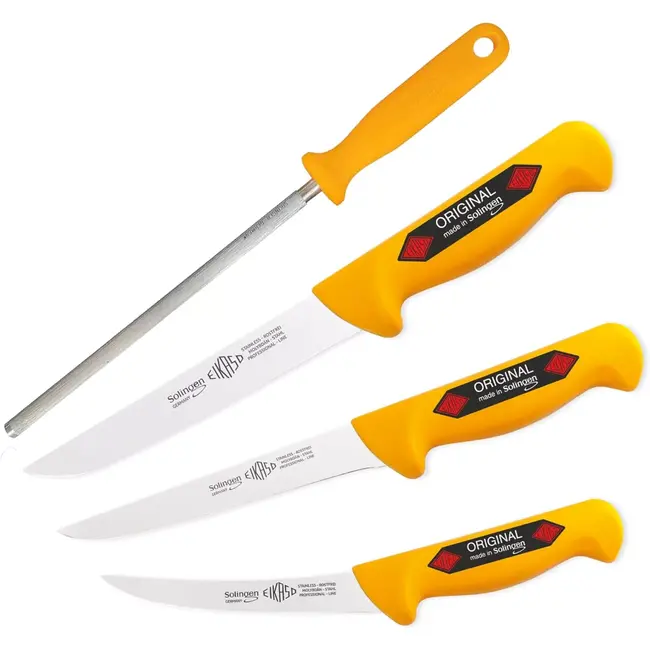 Eikaso Solingen Slagersmessenset – 4-delig – Inclusief Aanzetstaal – Molybdeenstaal – Ergonomisch – Solingen Duitsland
