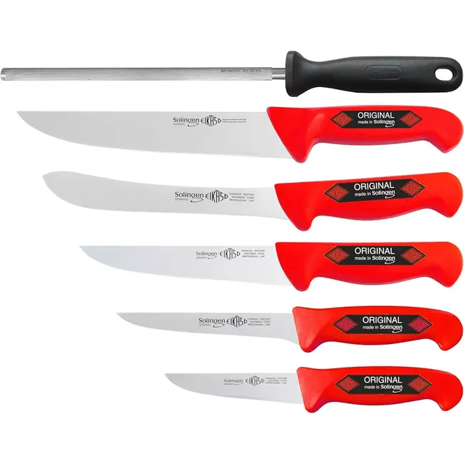 Eikaso Solingen Slagersmessenset – 6-delig – Rood Handvat – Molybdeenstaal 1,4116 – Inclusief Aanzetstaal – Solingen Duitsland
