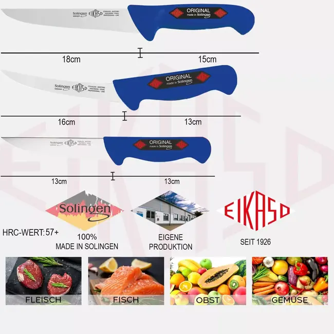 Eikaso Solingen Vleesmessenset – 3-delig – Professioneel – Steekmessen & Uitbeenmes – Blauw – Solingen