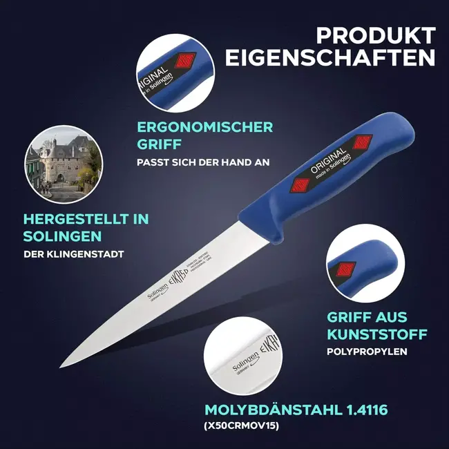 Eikaso Solingen Fileermessenset – Voor Vis – 3-delig – Flexibel Lemmet – Ergonomisch – Molybdeenstaal – Solingen Duitsland